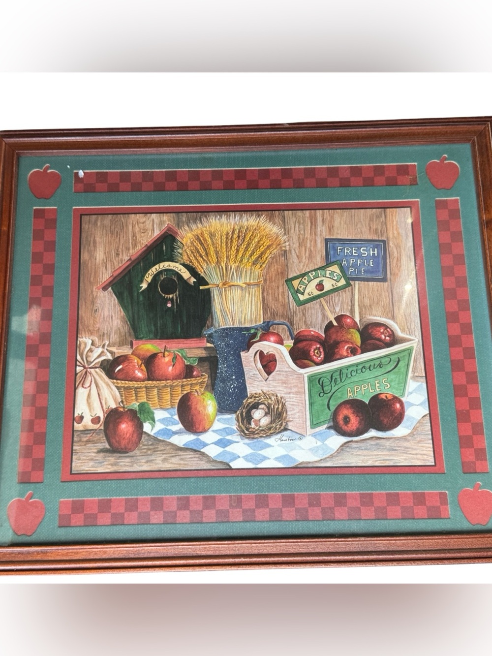 Vtg Home Interiors Rustic Red Apple Wall Art Print - Home Wall Decor - 14”x16”